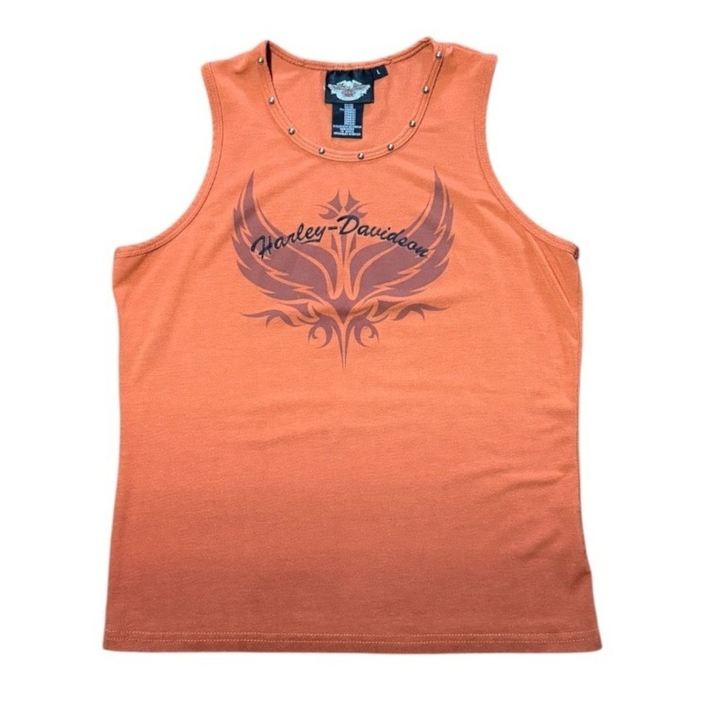 Vintage Y2K Harley Davidson Orange Ombre Faded Stud Wing Graphic Tank Top Shirt